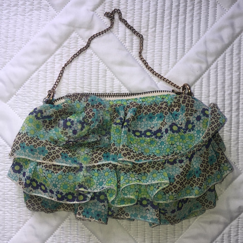 Gap Women’s Small purse with chain Teal brown cream and greens. Sheer fluttery